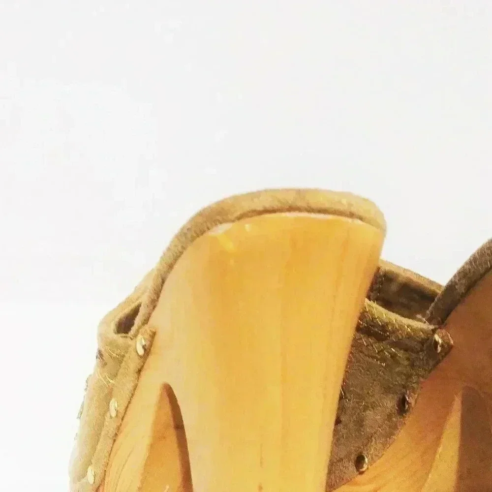 Gold Beaded Wooden Platform Clogs Mules Women's Size 7.5 Heels - Picture 4 of 7